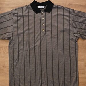 Ancona Gray Striped Polo with Black Collar